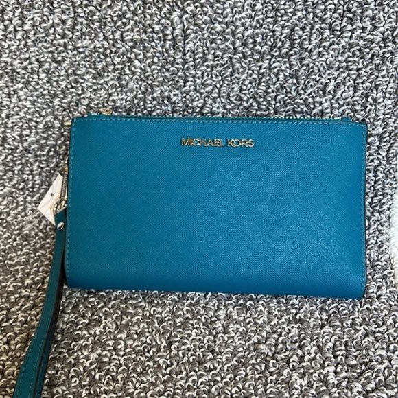Michael Kors Large Double Zip Leather Wallet Wristlet Phone Case Lagoon